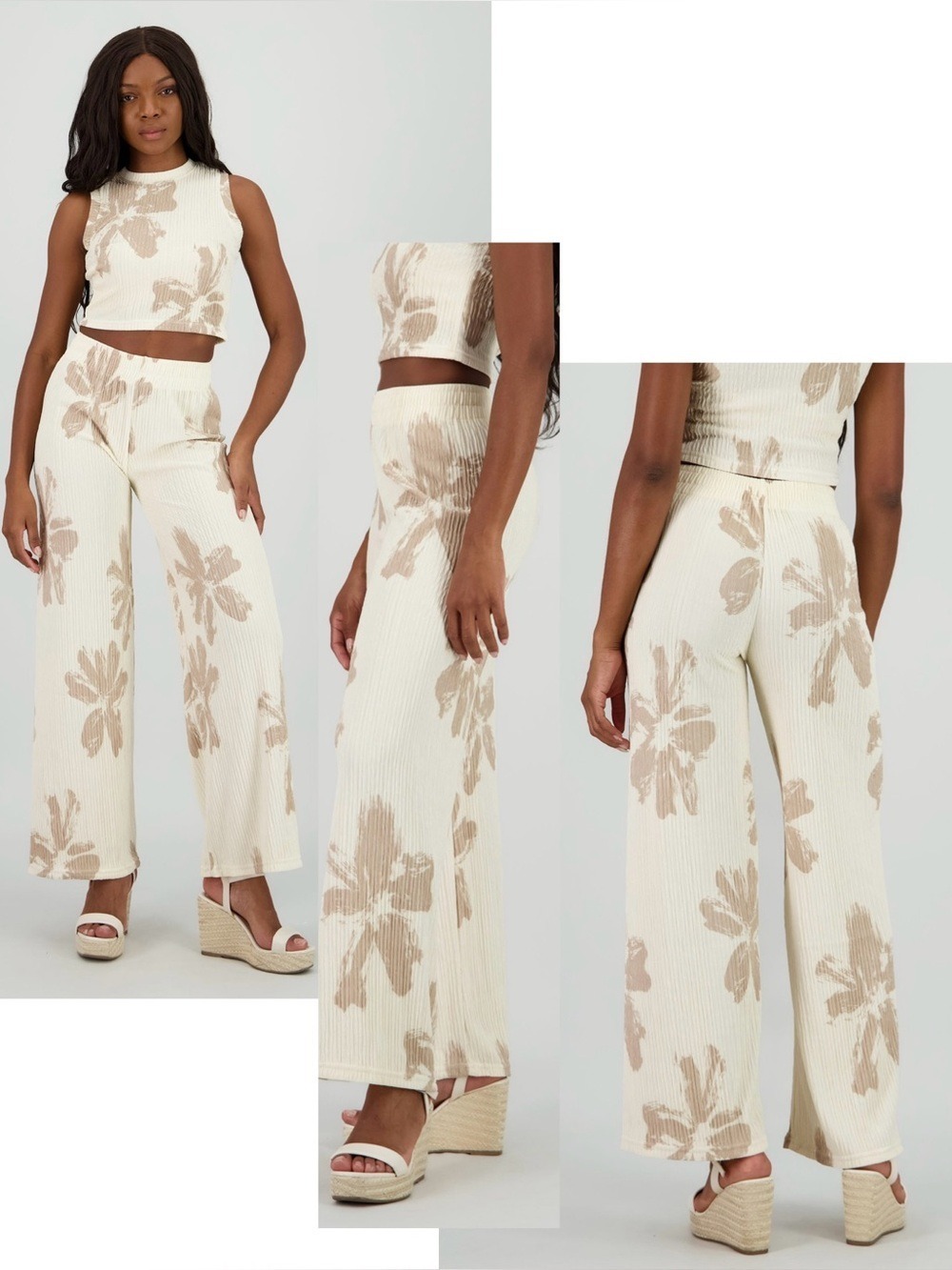 Love Poem floral texture resort trousers dress pants cream taupe brown M NWOT